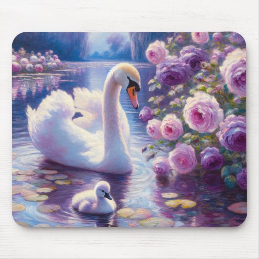 Witte Zwaan en Cygnet met Paarse Rozen Muismat (Voorkant)