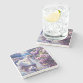 Witte Zwaan en Cygnet met Paarse Rozen Stenen Onderzetter (Zijkant)