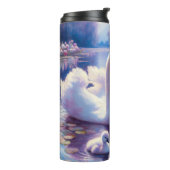 Witte Zwaan en Cygnet met Paarse Rozen Thermosbeker (Gedraaid links)