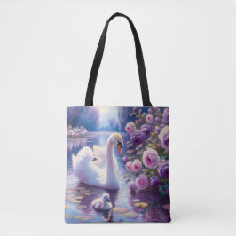 Witte Zwaan en Cygnet met Paarse Rozen Tote Bag