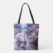Witte Zwaan en Cygnet met Paarse Rozen Tote Bag (Achterkant)