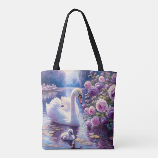 Witte Zwaan en Cygnet met Paarse Rozen Tote Bag (Achterkant)