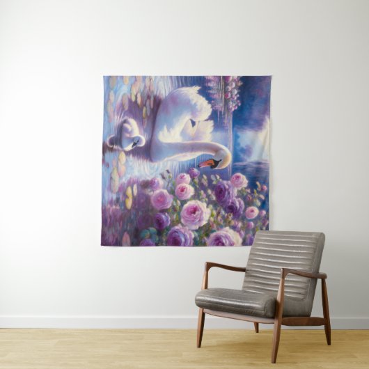 Witte Zwaan en Cygnet met Paarse Rozen Wandkleed (In Situ (horizontaal))