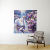 Witte Zwaan en Cygnet met Paarse Rozen Wandkleed (In situ)