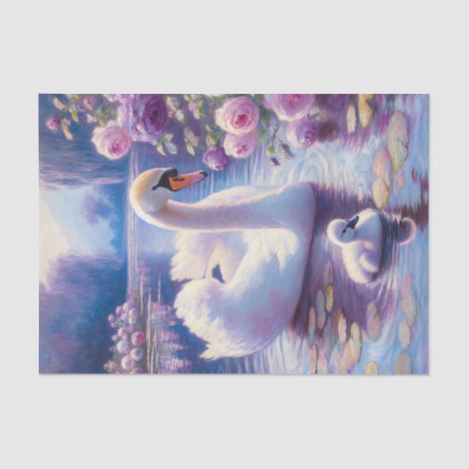 Witte Zwaan en Cygnet Paarse Rozen Decoupage Tissuepapier (Voorkant)