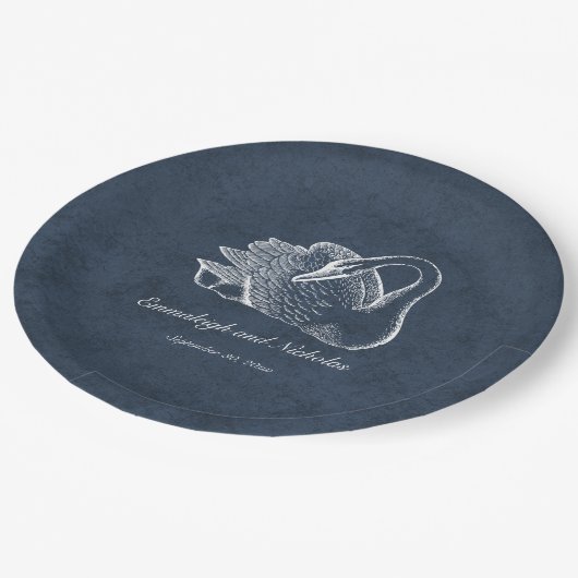 Witte zwaan marineblauw papieren bordje (Gekanteld)