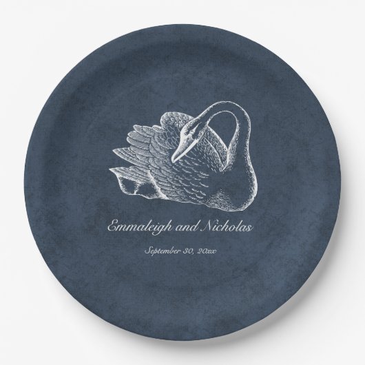 Witte zwaan marineblauw papieren bordje (Voorkant)