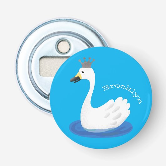 Witte zwaan met kroon cartoon button flesopener (Voorkant)