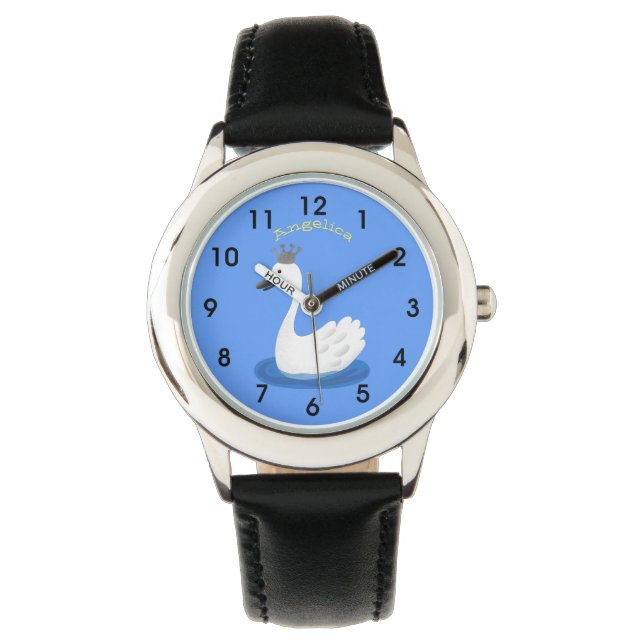 Witte zwaan met kroon cartoon horloge (Voorkant)