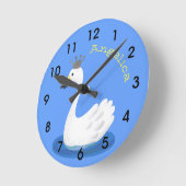 Witte zwaan met kroon cartoon ronde klok (Hoek)