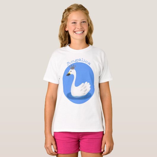 Witte zwaan met kroon cartoon t-shirt (Voorkant volledig)