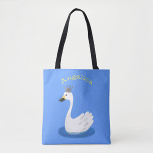 Witte zwaan met kroon cartoon tote bag