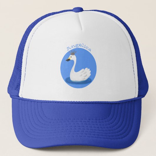 Witte zwaan met kroon cartoon trucker pet (Voorkant)
