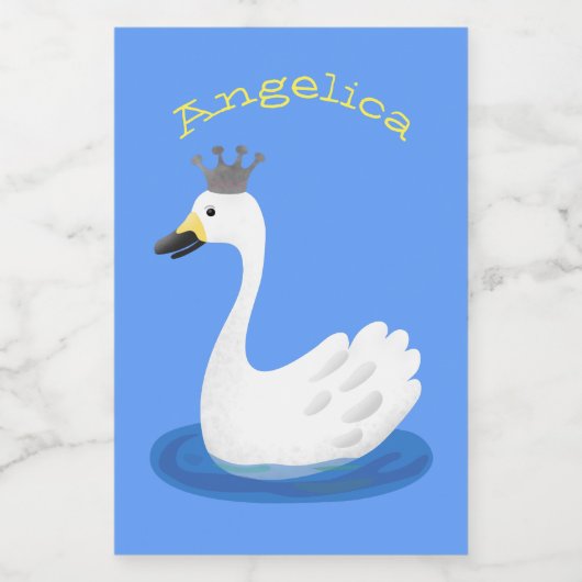 Witte zwaan met kroon cartoon voedselcontainer etiket (Enkel label)