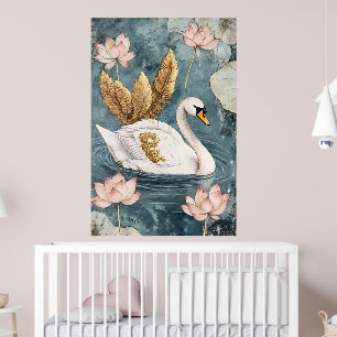 witte zwaan omringd door lotusbloemen. poster