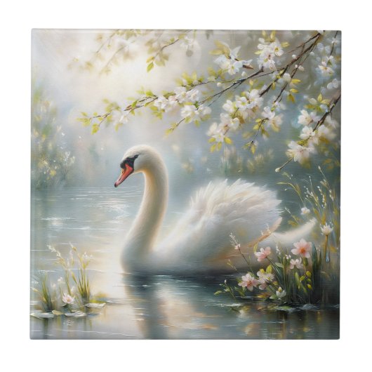 Witte zwaan op Lake Floral Painting Tegeltje (Voorkant)