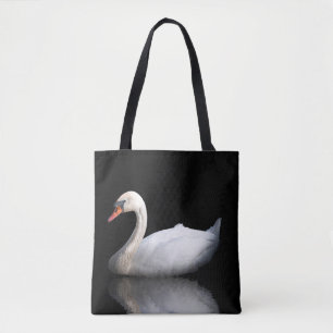 Witte zwaan op zwart tote bag