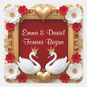 💖 Witte Zwaan Rood Goud Romantisch Trouwthema 🦢 Vierkante Sticker