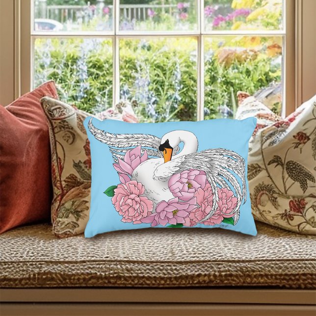 Witte zwaan roze bloemen accent kussen (Creator heeft geüpload)