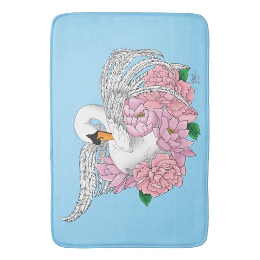 Witte zwaan roze bloemen badmat (Voorkant Verticaal)