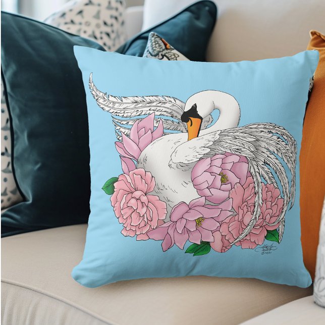 Witte zwaan roze bloemen kussen (Creator heeft geüpload)