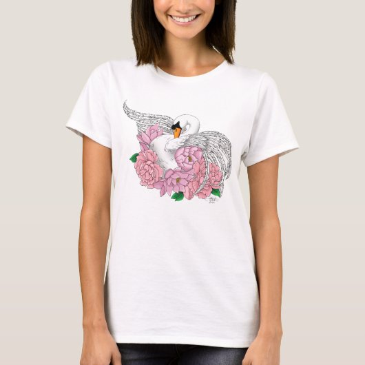 Witte zwaan roze bloemen t-shirt (Voorkant)