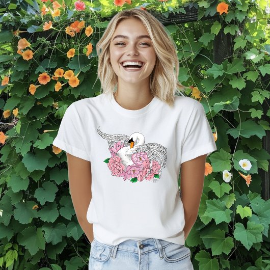 Witte zwaan roze bloemen t-shirt