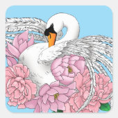 Witte zwaan roze bloemen vierkante sticker (Voorkant)