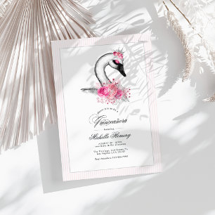 Witte Zwaan Roze Bloemige Quinceañera Foto Kaart