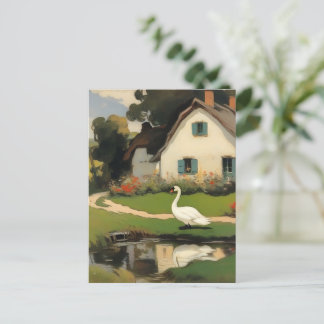Witte Zwaan Staand Voor een Huisje Briefkaart