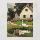 Witte Zwaan Staand Voor een Huisje Briefkaart (Voorkant)