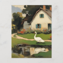 Witte Zwaan Staand Voor een Huisje Briefkaart