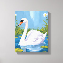 Witte Zwaan | Vijver Aquarel Vogel Schilderij Canvas Afdruk