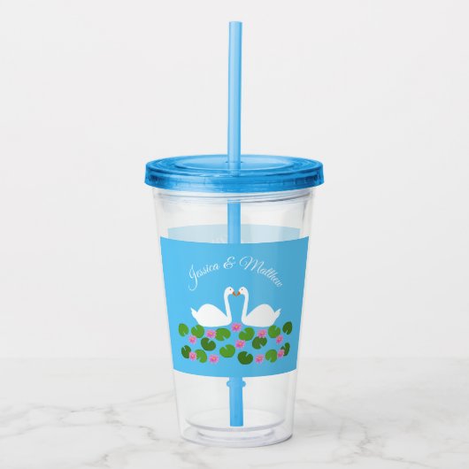 Witte zwanen en waterlelies Bruiloft Custom Acryl Drinkbeker (Voorkant)