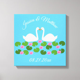 Witte zwanen en waterlelies Bruiloft Custom Canvas Afdruk