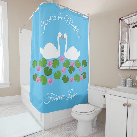 Witte zwanen en waterlelies Bruiloft Custom Douchegordijn (In situ)
