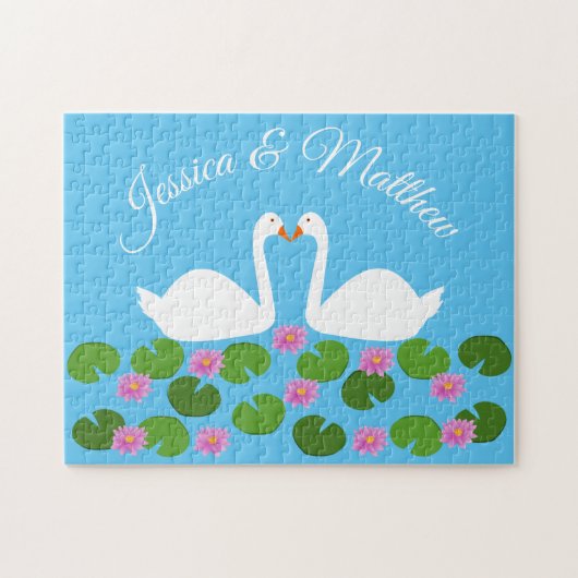 Witte zwanen en waterlelies Bruiloft Custom Legpuzzel (Horizontaal)