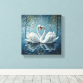 Witte zwanen op het meer canvas afdruk (Insitu (Houten vloer))