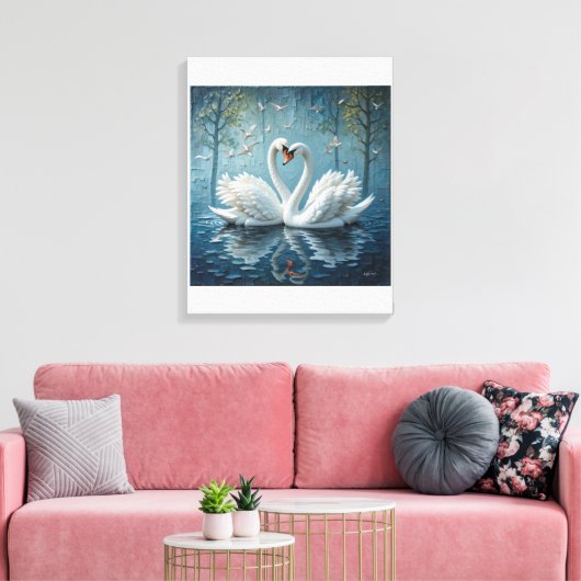 Witte zwanen op het meer canvas afdruk (Insitu (Woonkamer))