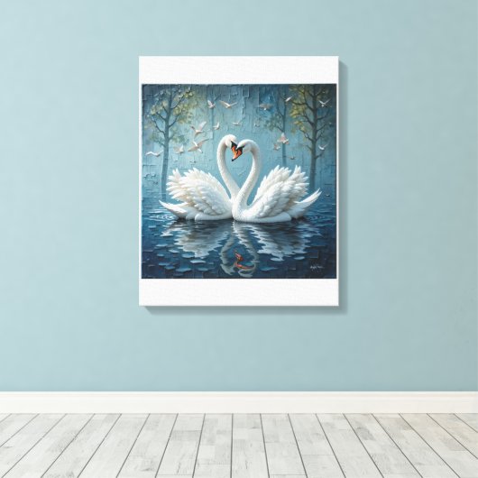 Witte zwanen op het meer canvas afdruk (Insitu (Houten vloer))