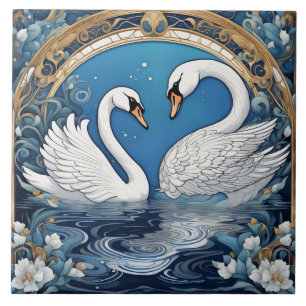 Witte zwanen op Lake Art Nouveau Vogel Art Deco Bl Tegeltje