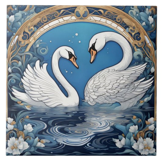 Witte zwanen op Lake Art Nouveau Vogel Art Deco Bl Tegeltje (Voorkant)
