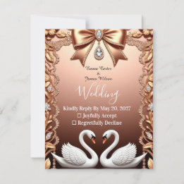 🌸 Witte Zwanen Roze Goud Huwelijk RSVP Kaartje