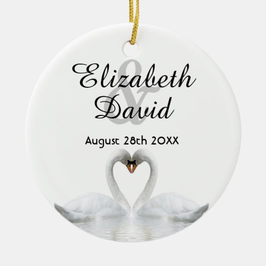 Witte zwanen uit liefde voor namen bruiloft keramisch ornament (Voorkant)