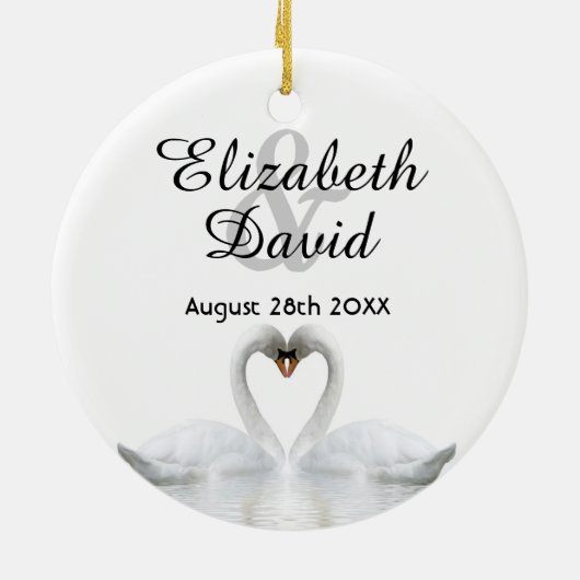 Witte zwanen uit liefde voor namen bruiloft keramisch ornament (Achterkant)