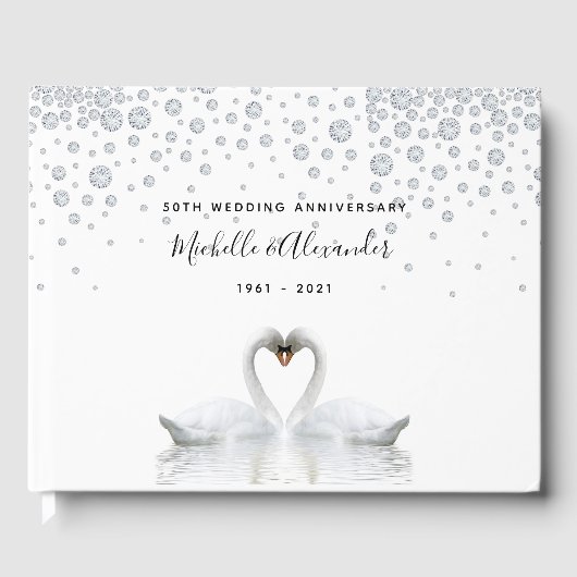 Witte zwanenvogels 60e diamantbruiloft gastenboek (Voorkant)