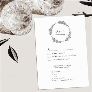 Witte zwarte bladkrans minimalistische bruiloft RSVP kaartje
