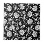 Witte & Zwarte Bloemen Damasks Tegeltje (Voorkant)