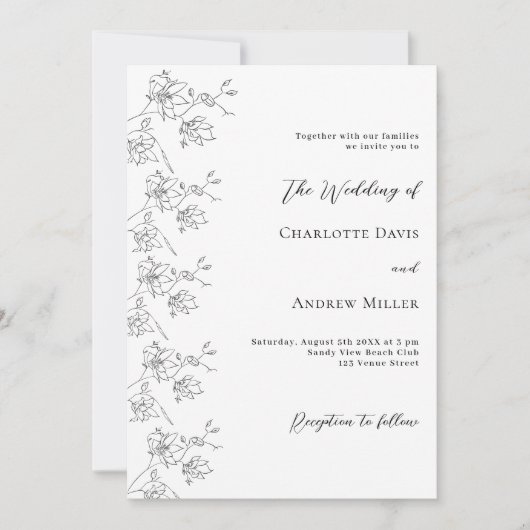 Witte zwarte bloemen klassieke formele bruiloft kaart (Voorkant)