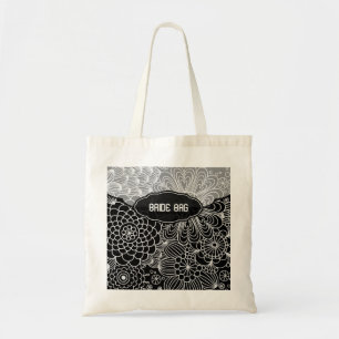 Witte & Zwarte Bloemenlijn die patroon-Monogram in Tote Bag